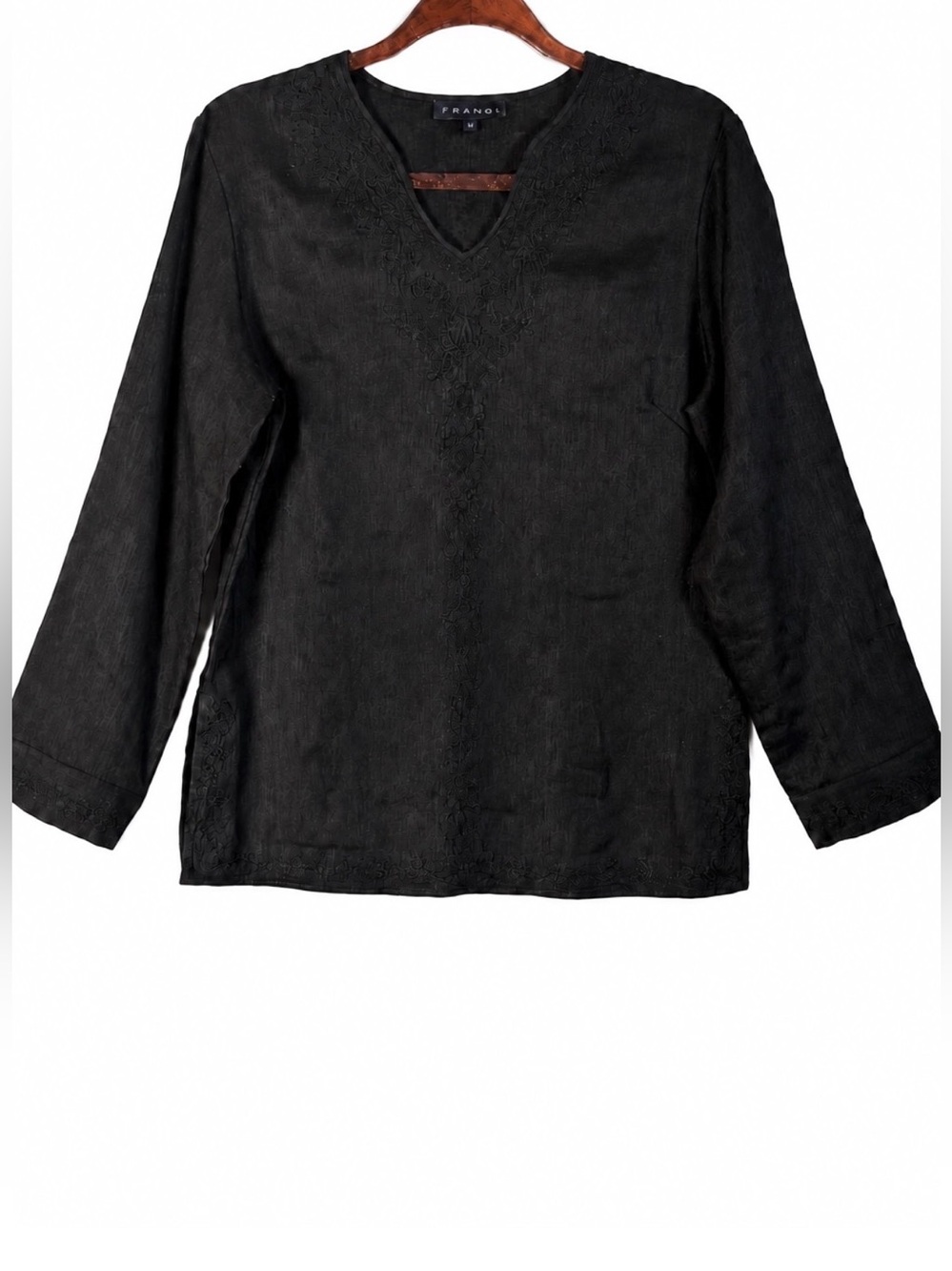 Frangi Black 100% Linen Tonal Embroidered Blouse